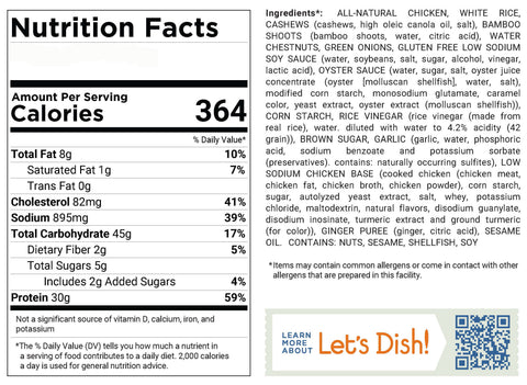 Nutrition facts label and ingredients list for a food product, with 'Let's Dish!' branding.