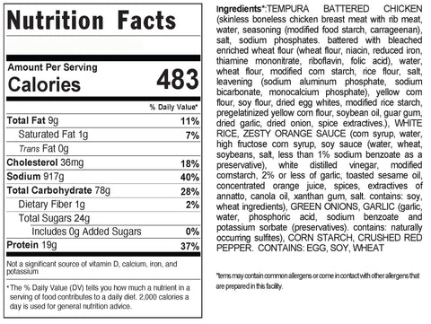 Nutrition facts label and ingredients list for a food product.