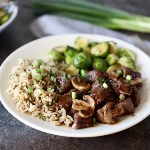 Bourbon Glazed Steak Tips with Garlic Butter Rice