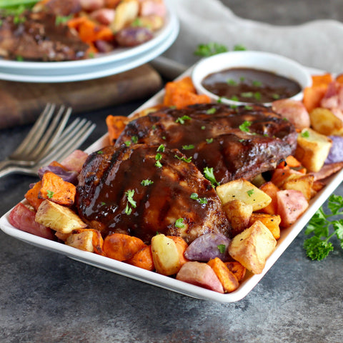 Grilled Bourbon Sriracha Chicken with Tri-Colored Potatoes