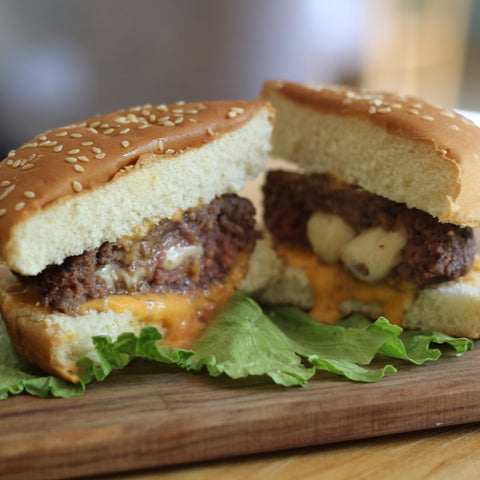 Cheese Curd Stuffed Burgers with Spicy Mayo