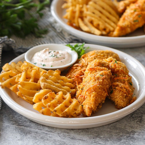 Crispy Buttermilk Chicken with Waffle Fries and Seasoned Sour Cream