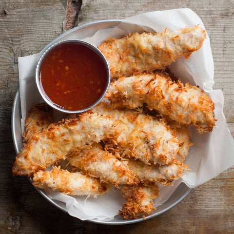 Crispy Coconut Chicken Fingers with Sweet Potato Fries