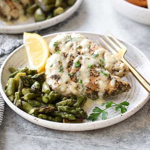Italian Chicken with Asiago-Garlic Sauce and Roasted Asparagus