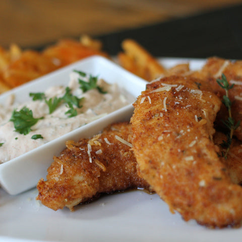 Parmesan Chicken Fingers with Waffle Fries and Seasoned Sour Cream