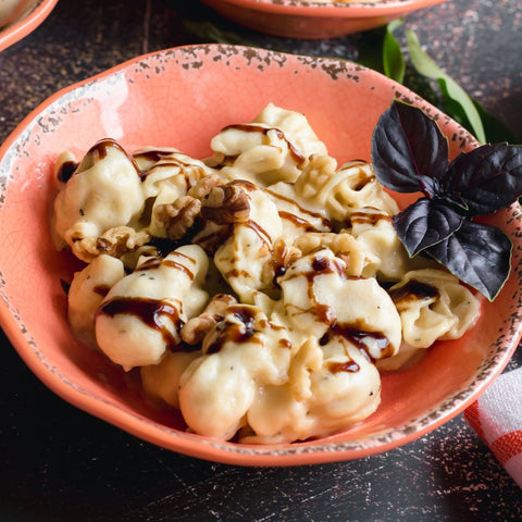 Pear and Gorgonzola Pasta Purses with Walnut Cream Sauce