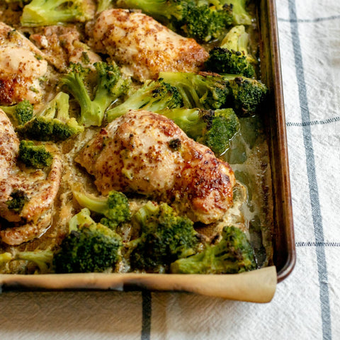 Sheet Pan Chicken Thighs with Broccoli and Honey Mustard