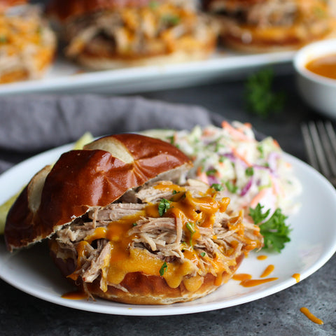 Shredded Pork on Pretzel Rolls