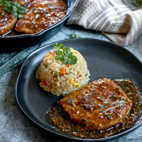 Sticky Garlic Pork Chops with Fried Rice