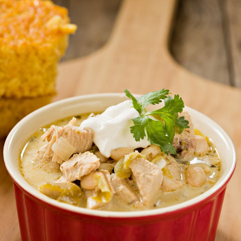 White Chicken Chili with Cheddar-Jack Cornbread